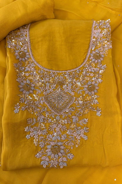 Crepe Silk Yellow Hand Embroidered Unstitched Suit Set With Golden Thread Zari Embroidery