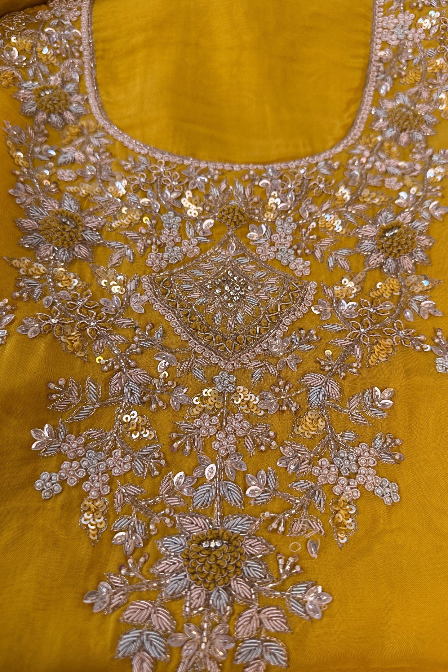Crepe Silk Yellow Hand Embroidered Unstitched Suit Set With Golden Thread Zari Embroidery