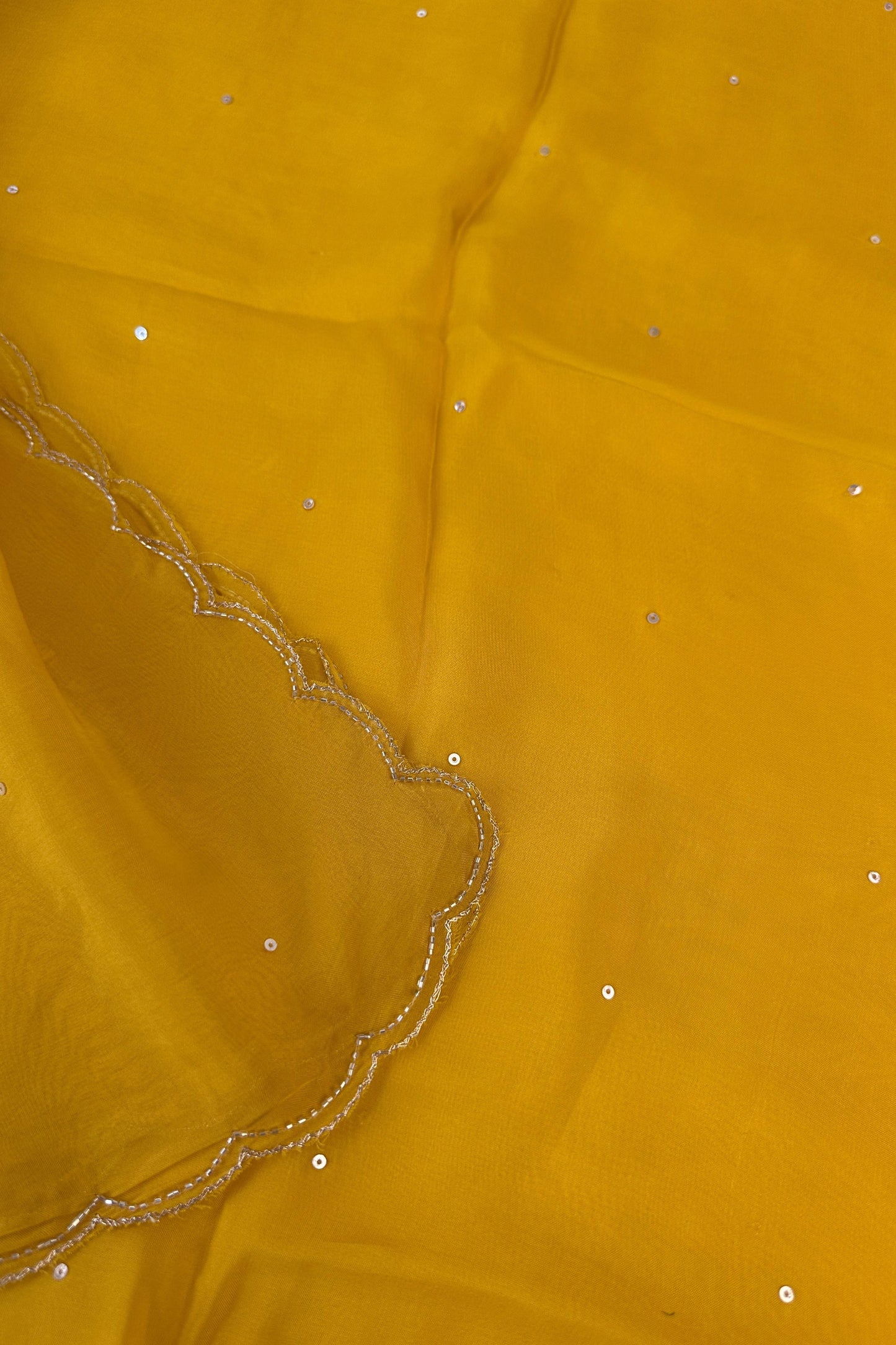 Crepe Silk Yellow Hand Embroidered Unstitched Suit Set With Golden Thread Zari Embroidery