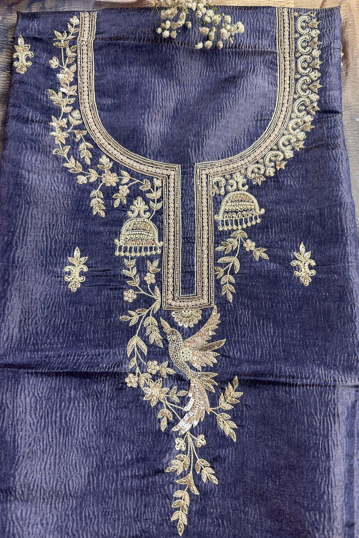 Crushed Tissue Pearl and Zardozi embroidered Unstitched Suit