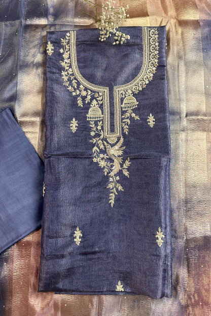 Crushed Tissue Pearl and Zardozi embroidered Unstitched Suit