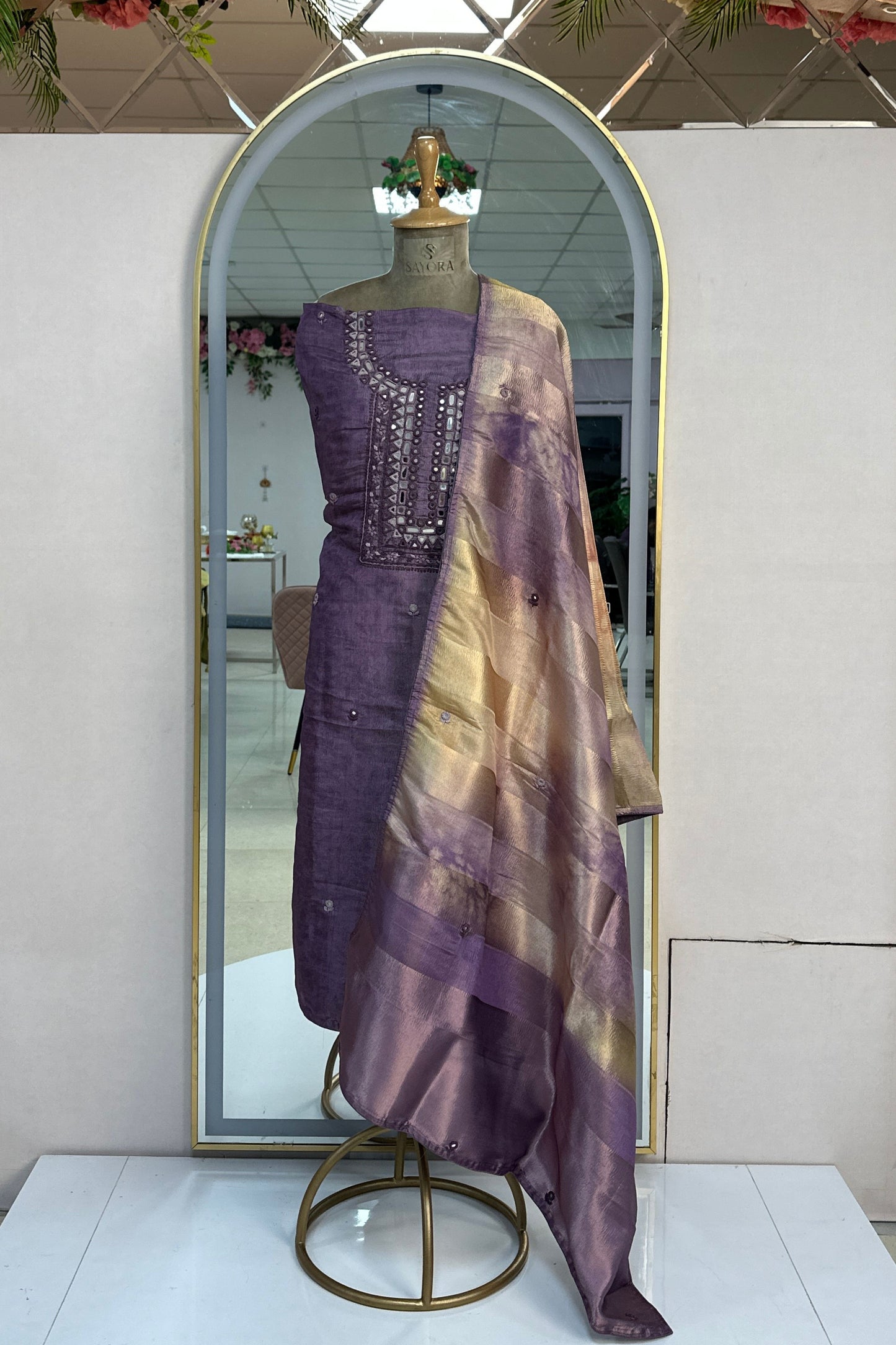 Crushed Silk Mirror Handwork Unstitched Suit Set