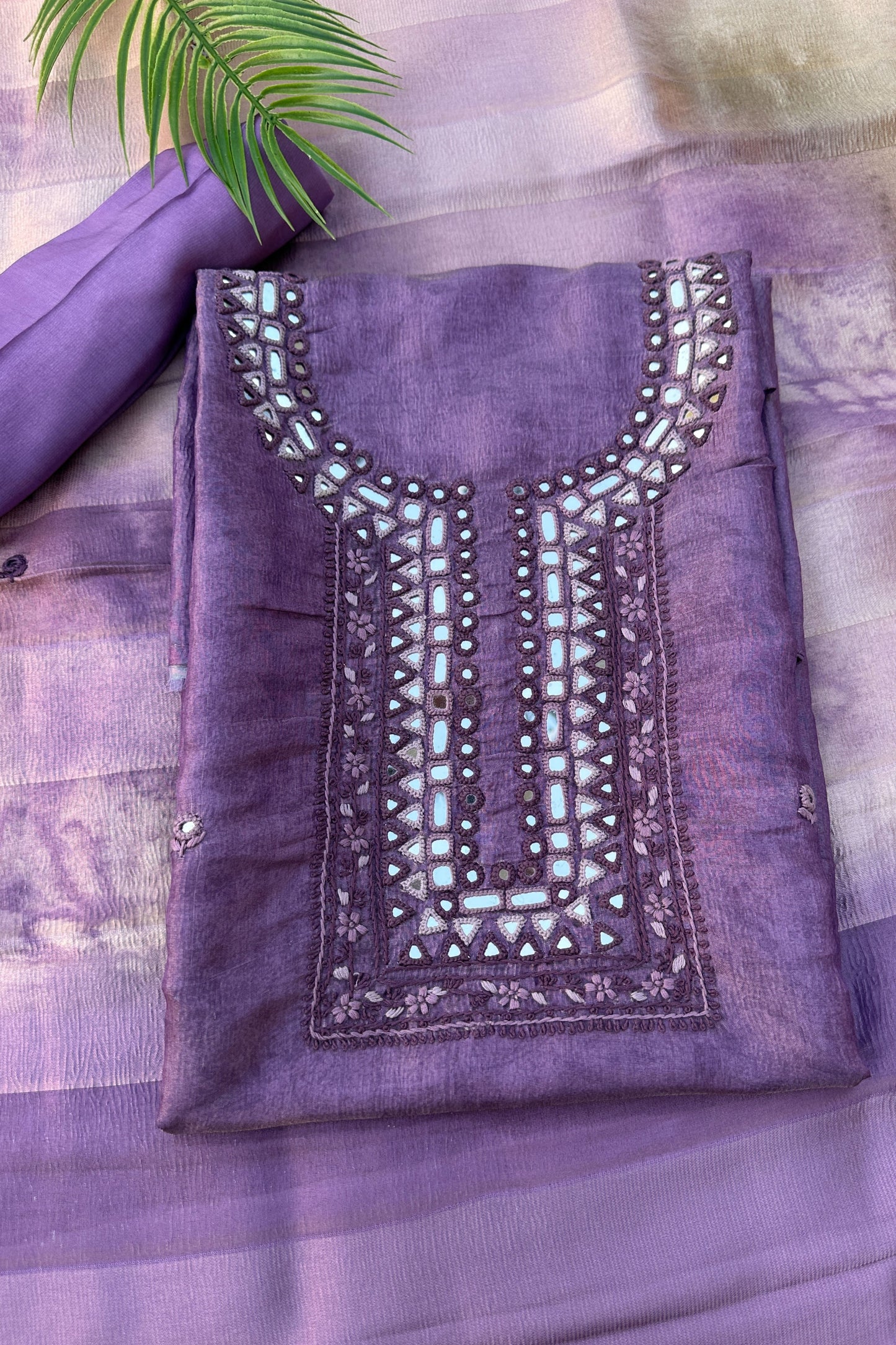 Crushed Silk Mirror Handwork Unstitched Suit Set