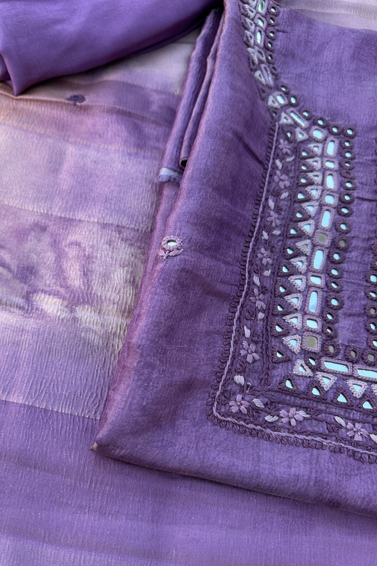 Crushed Silk Mirror Handwork Unstitched Suit Set