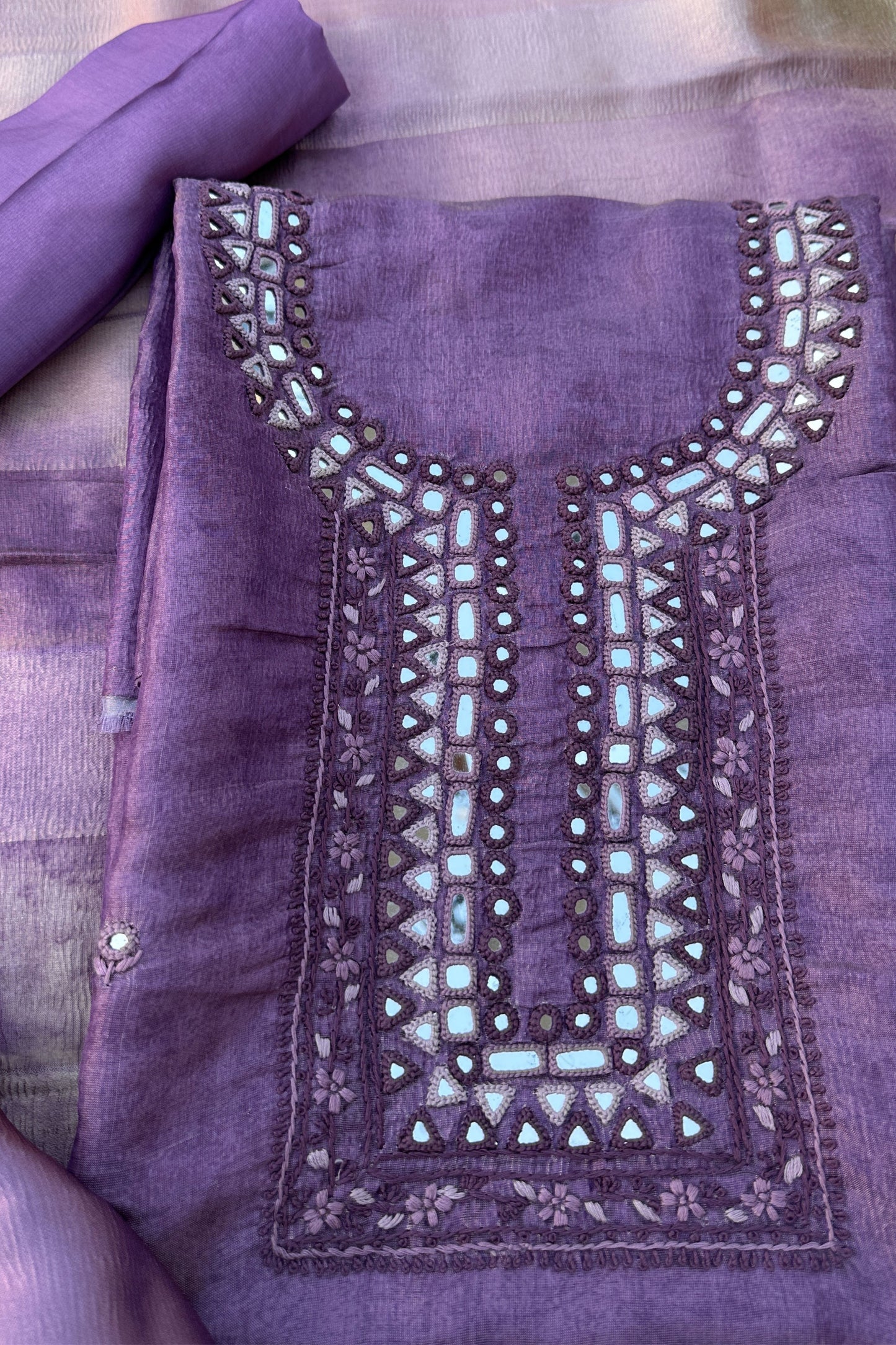 Crushed Silk Mirror Handwork Unstitched Suit Set