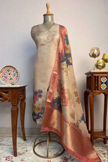 Crushed Tissue Beige Gold Hand Embroidered Unstitched suit Set With Digital Printed Dupatta