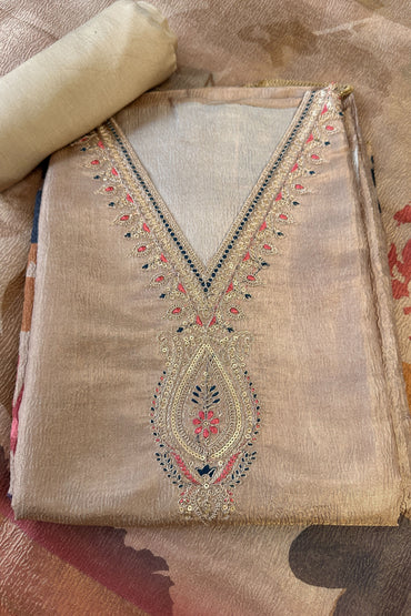 Crushed Tissue Beige Gold Hand Embroidered Unstitched suit Set With Digital Printed Dupatta