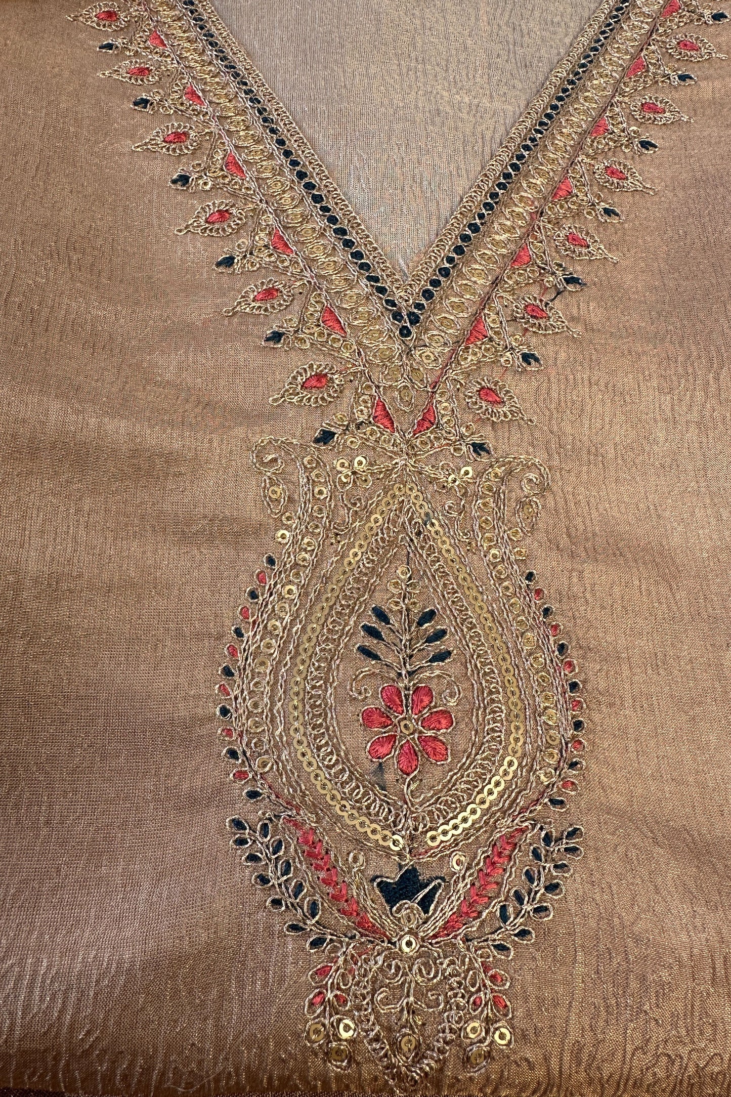 Crushed Tissue Beige Gold Hand Embroidered Unstitched suit Set With Digital Printed Dupatta