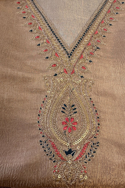 Crushed Tissue Beige Gold Hand Embroidered Unstitched suit Set With Digital Printed Dupatta