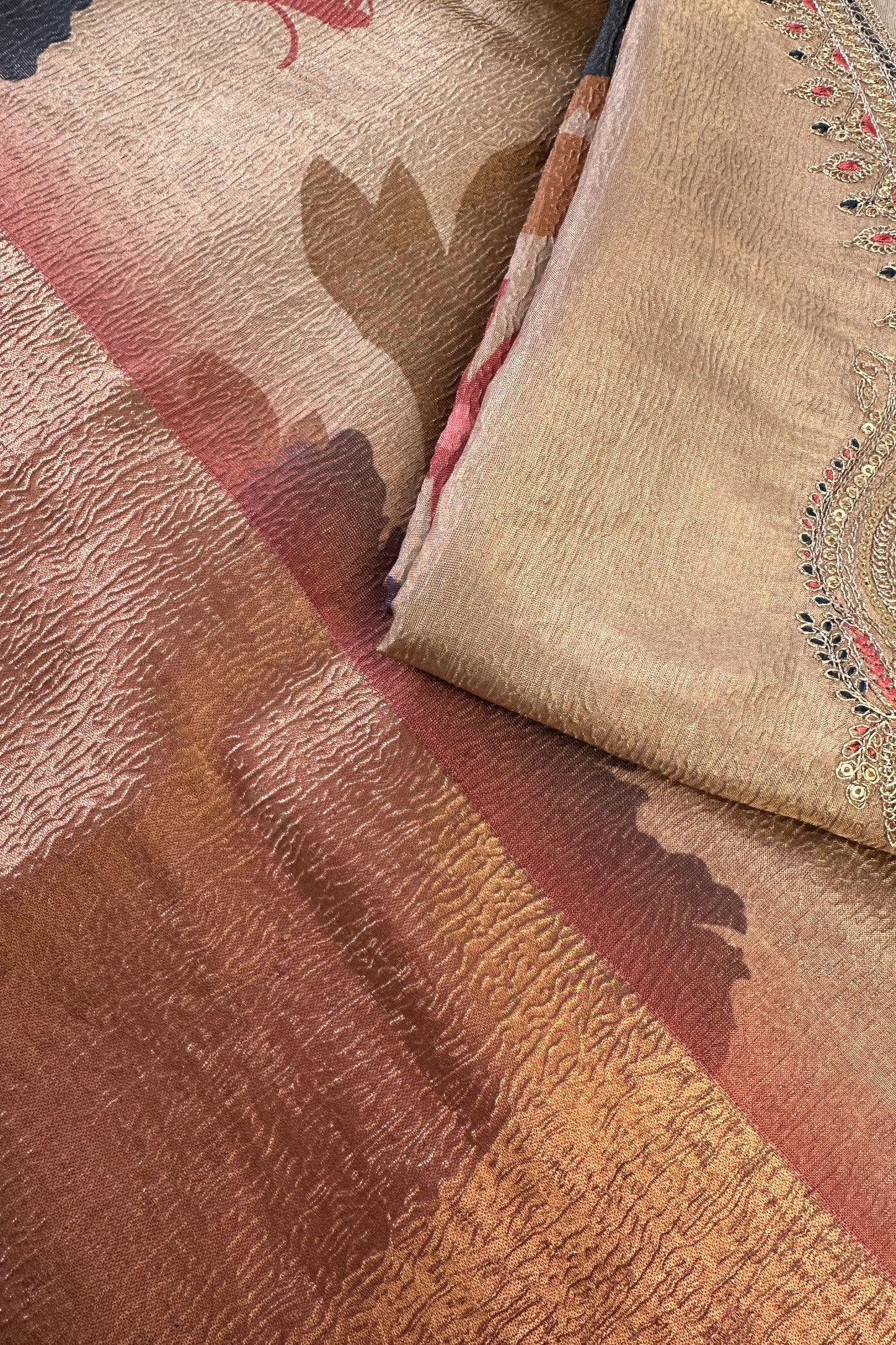 Crushed Tissue Beige Gold Hand Embroidered Unstitched suit Set With Digital Printed Dupatta