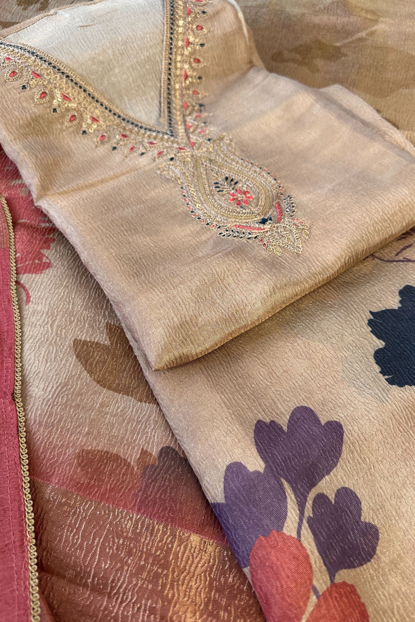 Crushed Tissue Beige Gold Hand Embroidered Unstitched suit Set With Digital Printed Dupatta