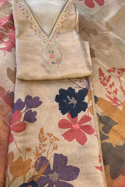 Crushed Tissue Beige Gold Hand Embroidered Unstitched suit Set With Digital Printed Dupatta