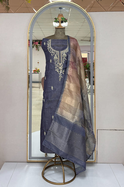 Crushed Tissue Pearl and Zardozi embroidered Unstitched Suit