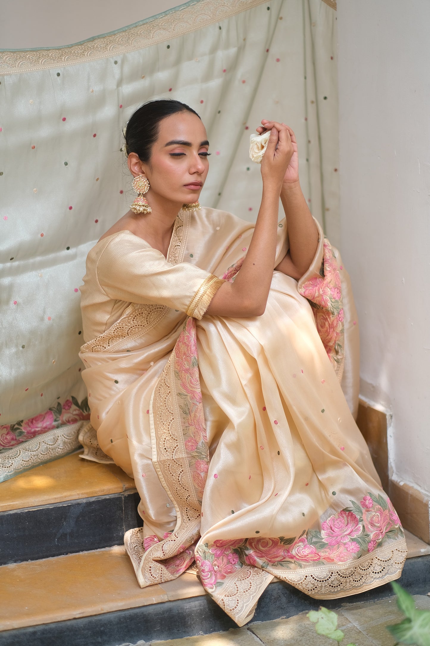 Tissue cutwork saree