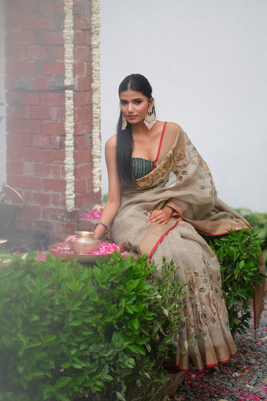 Linen kantha stitch saree