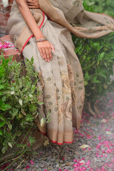 Linen kantha stitch saree