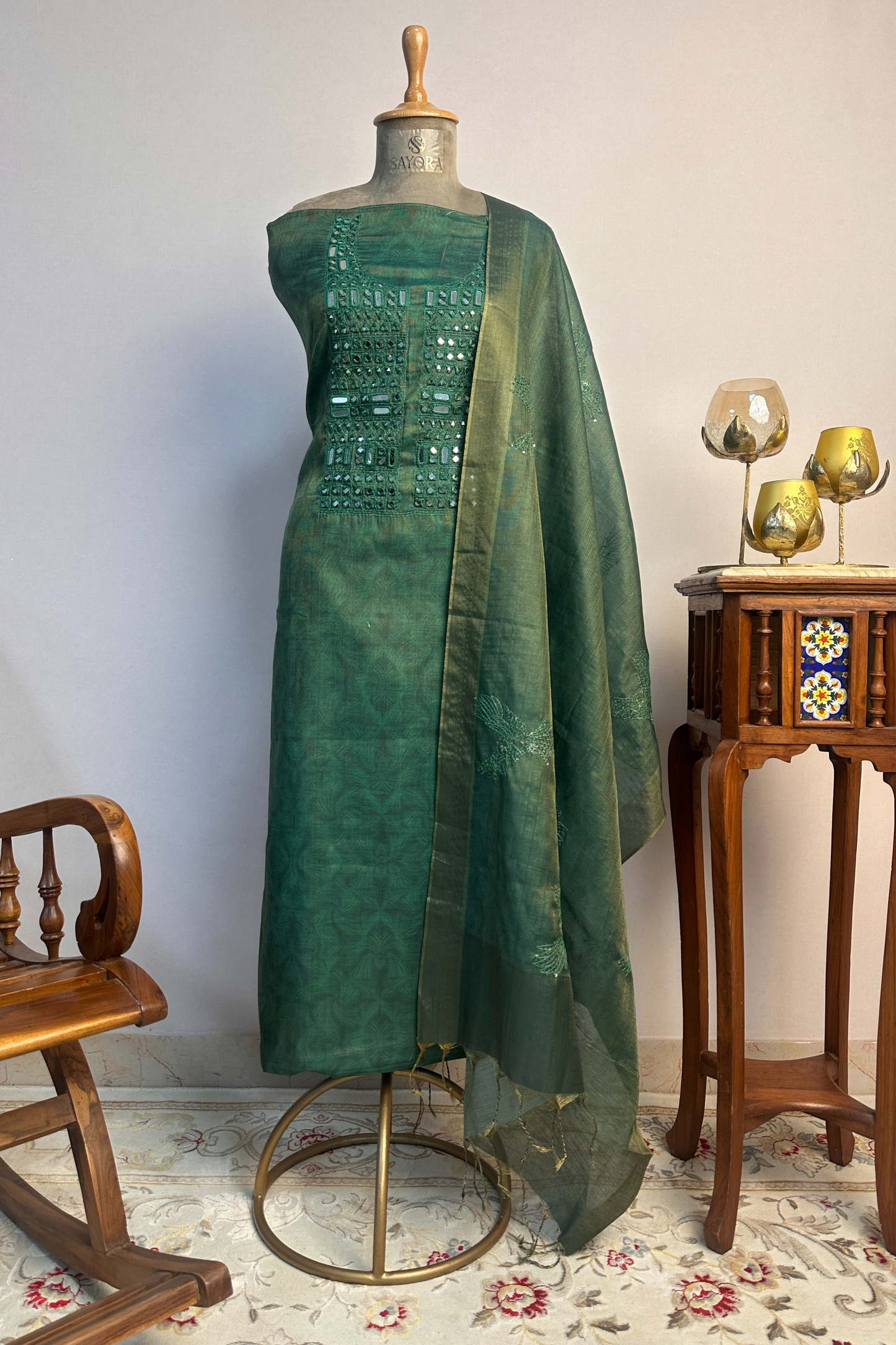 Dark Green Mirror Handwork Tissue Unstitched Suit Set With Kantha Dupatta