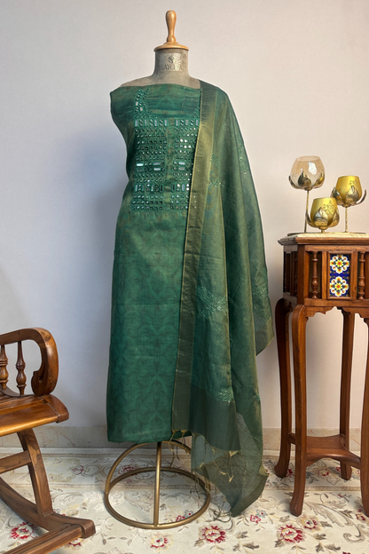 Dark Green Mirror Handwork Tissue Unstitched Suit Set With Kantha Dupatta