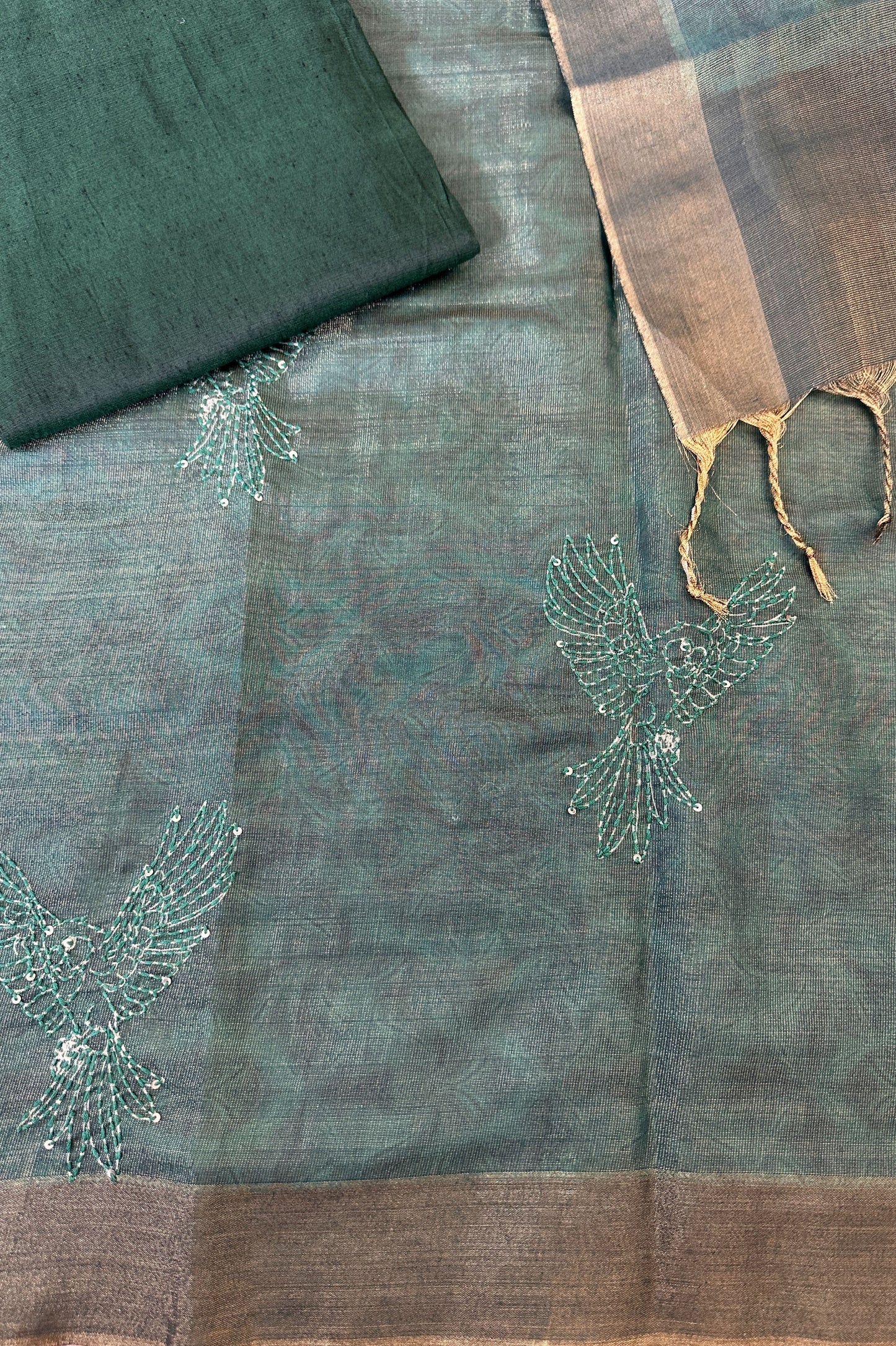 Dark Green Mirror Handwork Tissue Unstitched Suit Set With Kantha Dupatta