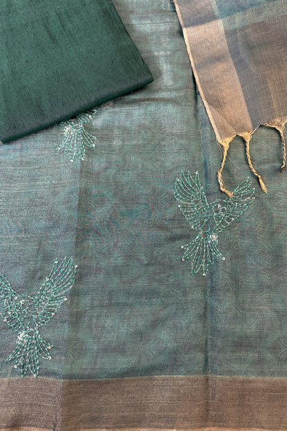 Dark Green Mirror Handwork Tissue Unstitched Suit Set With Kantha Dupatta