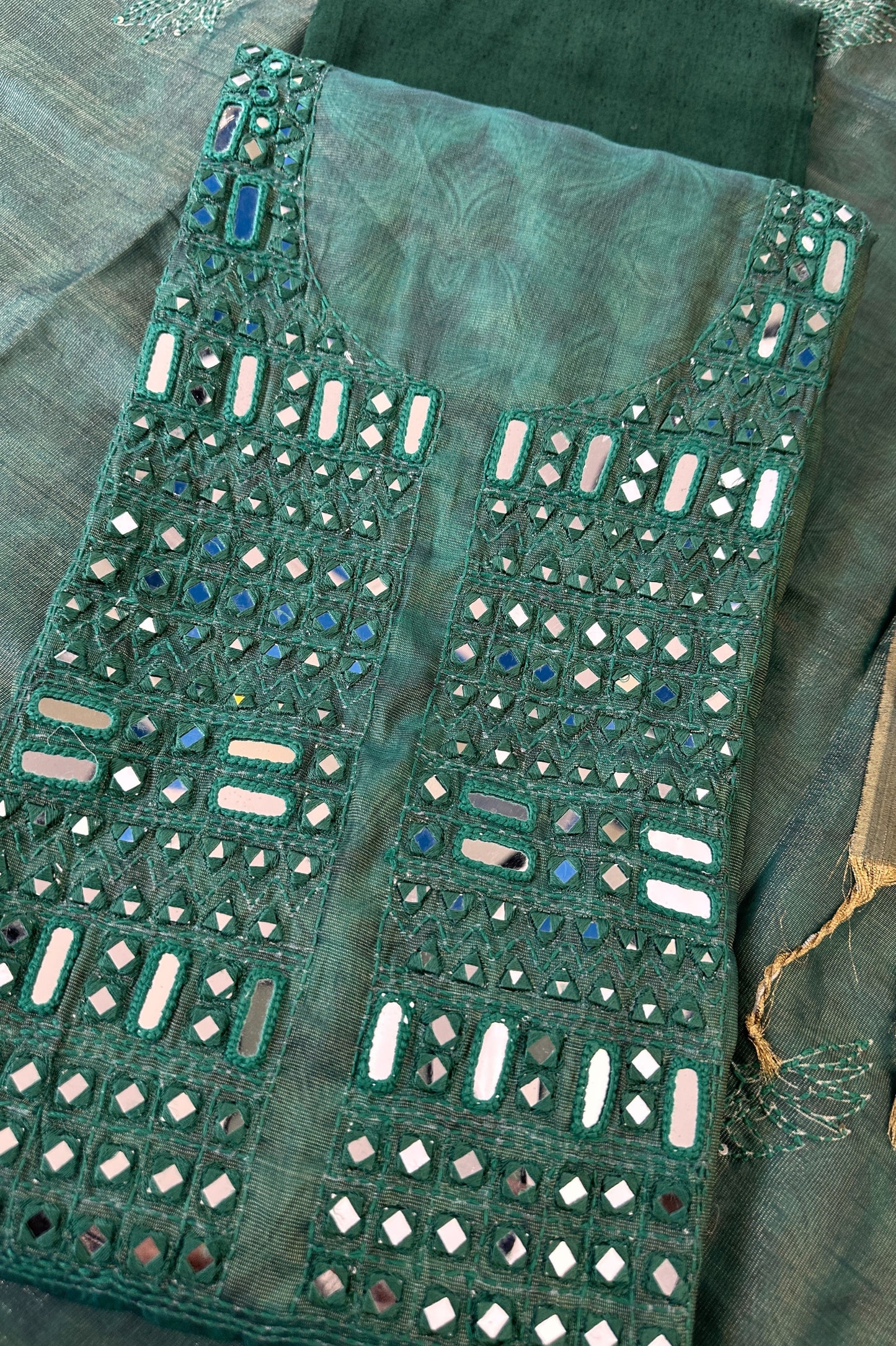 Dark Green Mirror Handwork Tissue Unstitched Suit Set With Kantha Dupatta