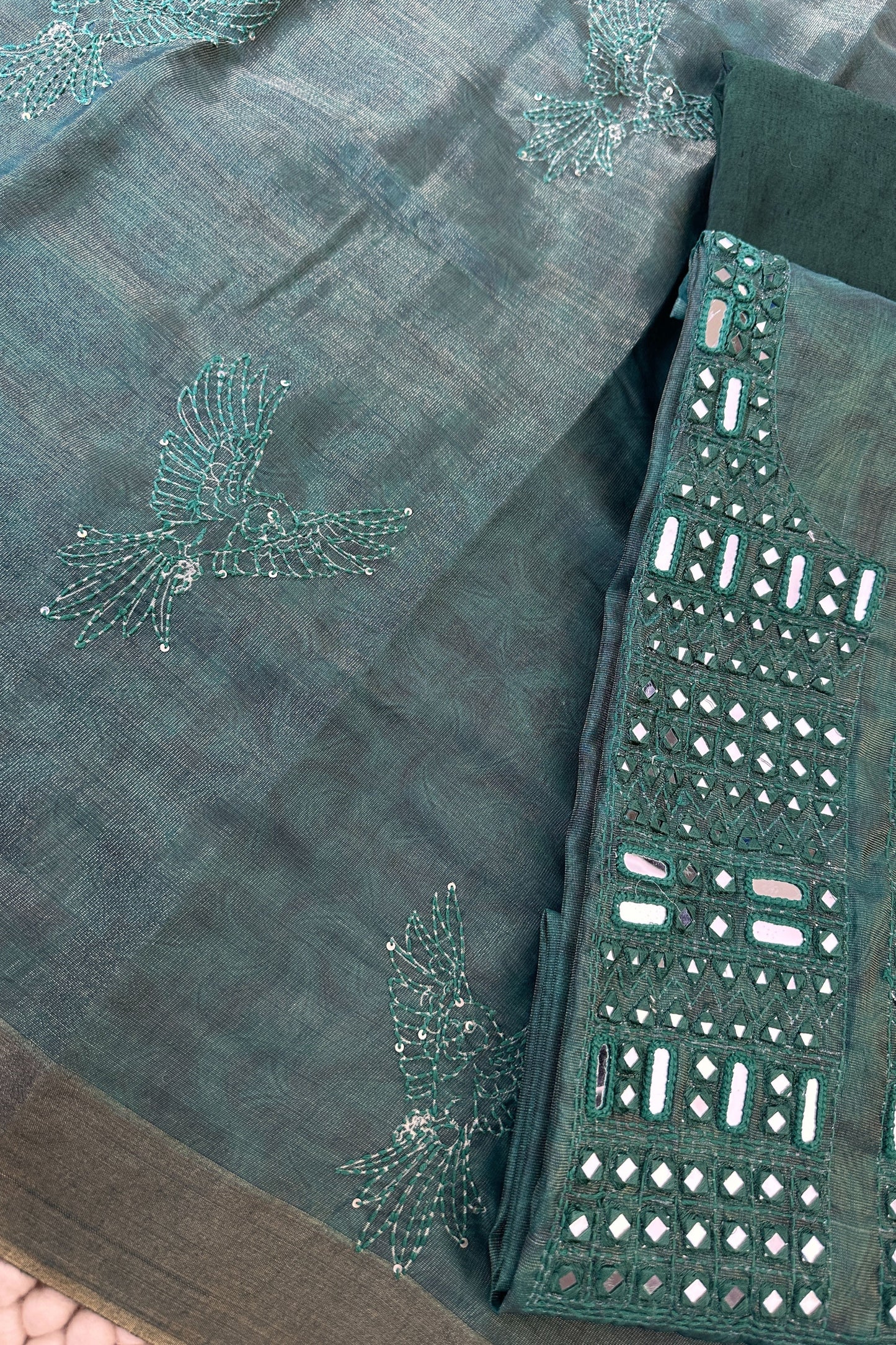 Dark Green Mirror Handwork Tissue Unstitched Suit Set With Kantha Dupatta
