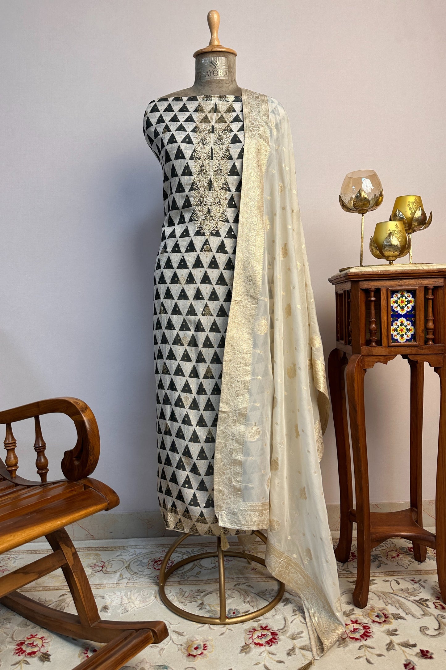 Digital Printed Chiffon Unstitched Suit Set With Golden Thread Hand Embroidery