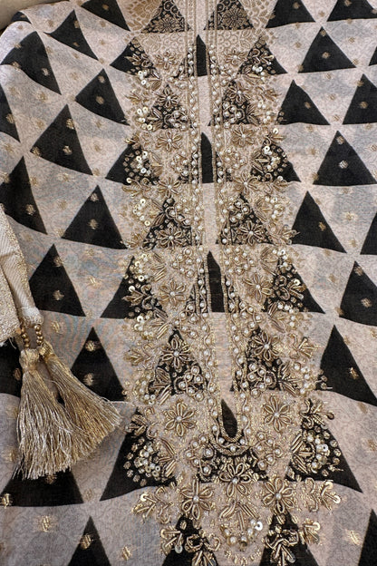 Digital Printed Chiffon Unstitched Suit Set With Golden Thread Hand Embroidery