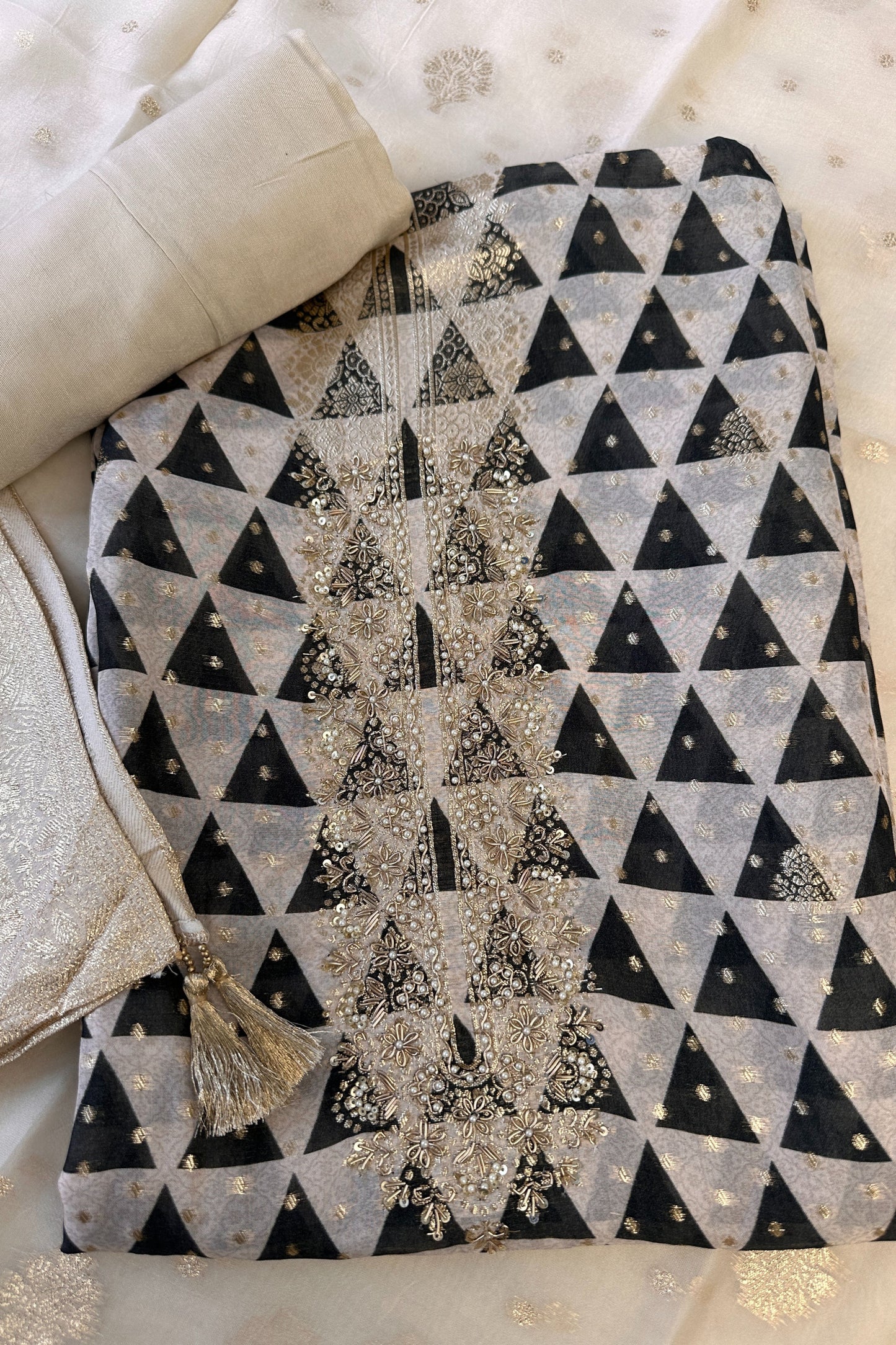Digital Printed Chiffon Unstitched Suit Set With Golden Thread Hand Embroidery