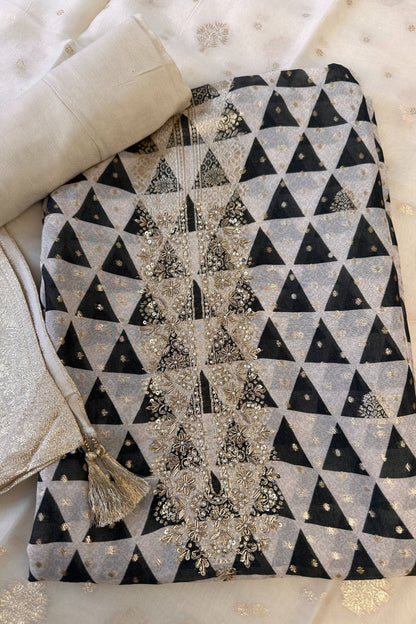 Digital Printed Chiffon Unstitched Suit Set With Golden Thread Hand Embroidery