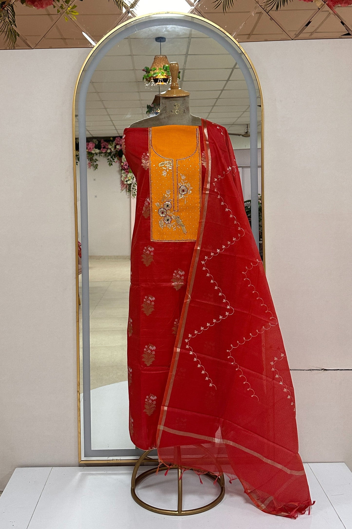 Red Banarasi Chanderi Hand embroidered Unstitched Suit With Kota Dupatta