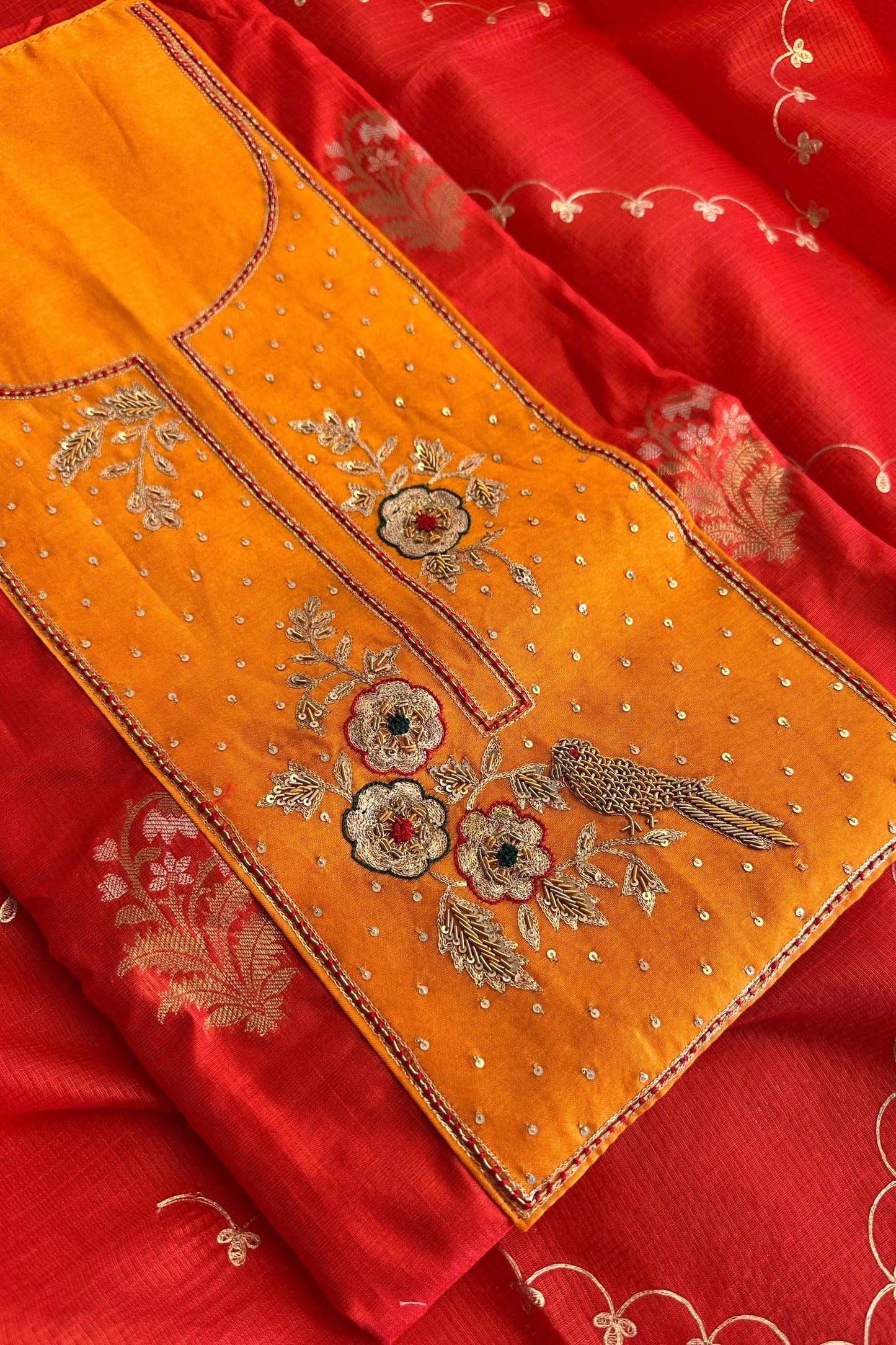 Red Banarasi Chanderi Hand embroidered Unstitched Suit With Kota Dupatta