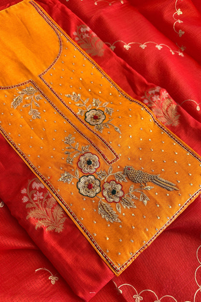 Red Banarasi Chanderi Hand embroidered Unstitched Suit With Kota Dupatta