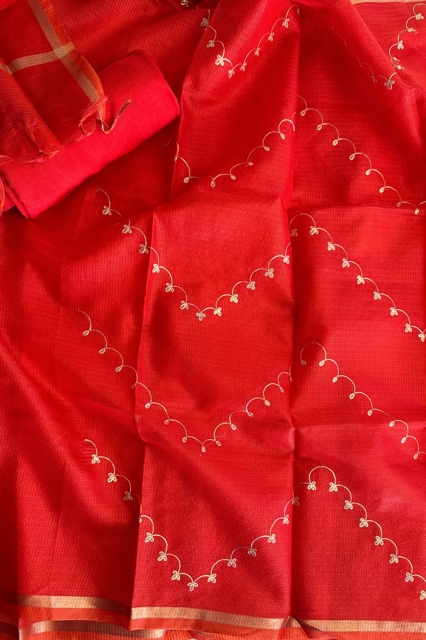 Red Banarasi Chanderi Hand embroidered Unstitched Suit With Kota Dupatta