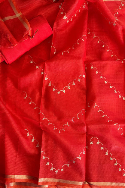 Red Banarasi Chanderi Hand embroidered Unstitched Suit With Kota Dupatta