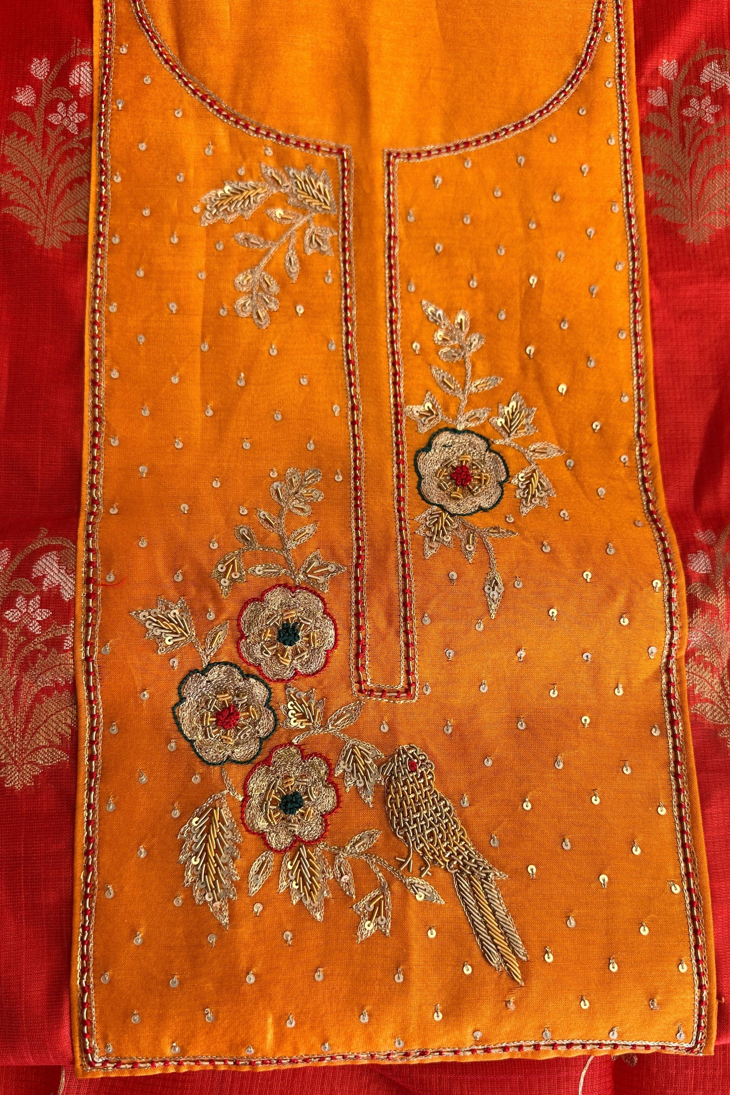 Red Banarasi Chanderi Hand embroidered Unstitched Suit With Kota Dupatta