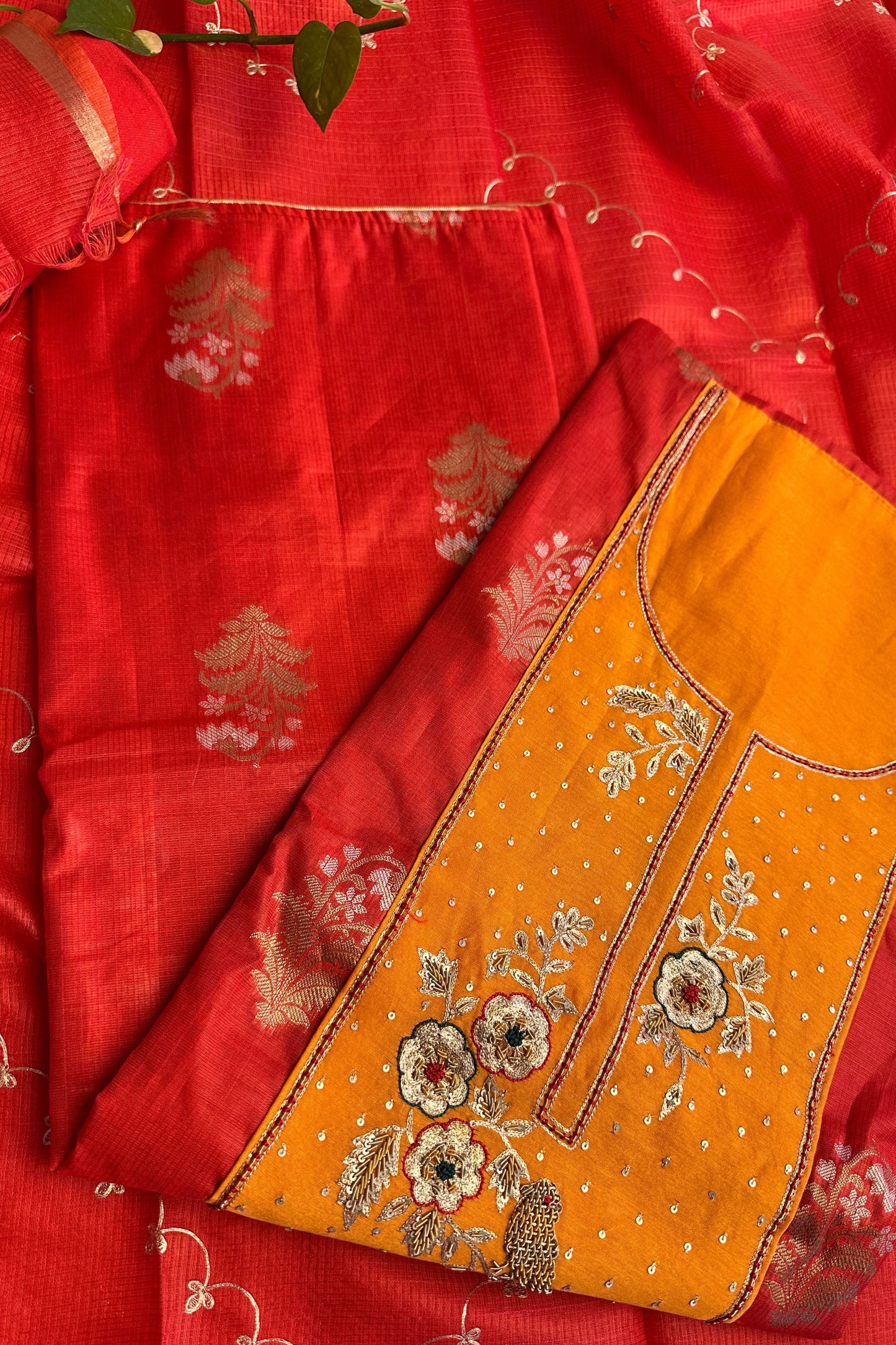Red Banarasi Chanderi Hand embroidered Unstitched Suit With Kota Dupatta