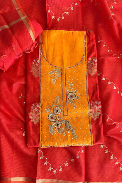 Red Banarasi Chanderi Hand embroidered Unstitched Suit With Kota Dupatta