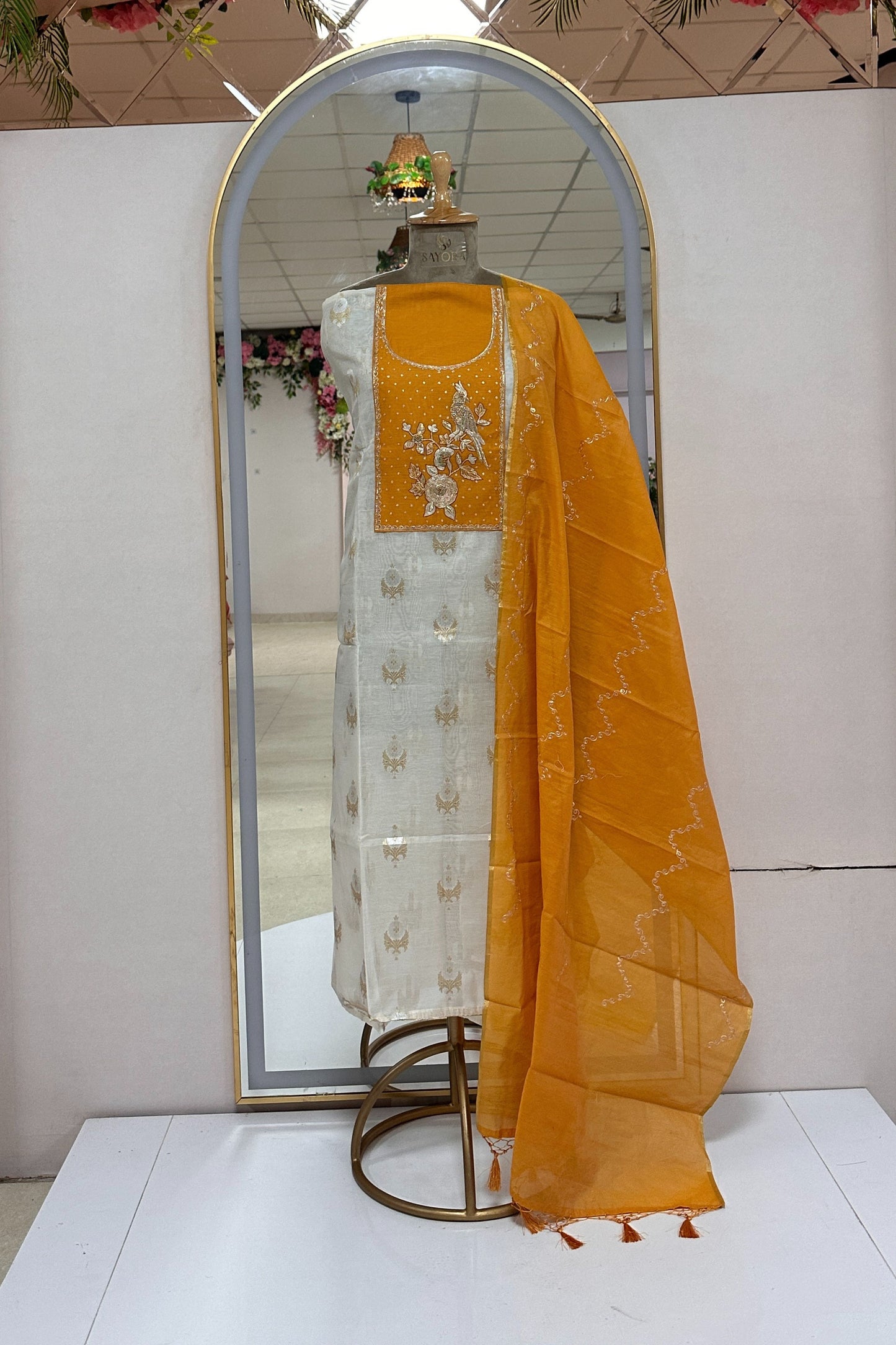 Yellow Banarasi Weaved  Zardozi Embroidered Unstitched Suit Set With Pitta Work Dupatta