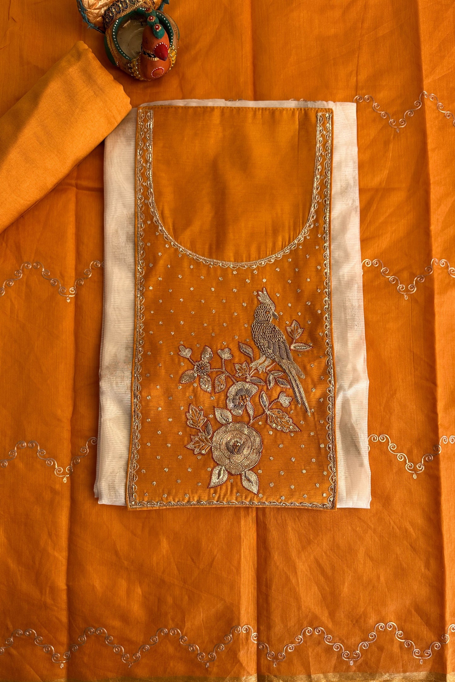 Yellow Banarasi Weaved  Zardozi Embroidered Unstitched Suit Set With Pitta Work Dupatta
