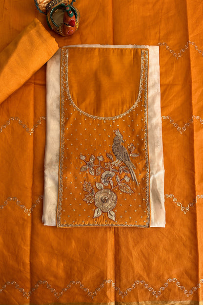 Yellow Banarasi Weaved  Zardozi Embroidered Unstitched Suit Set With Pitta Work Dupatta