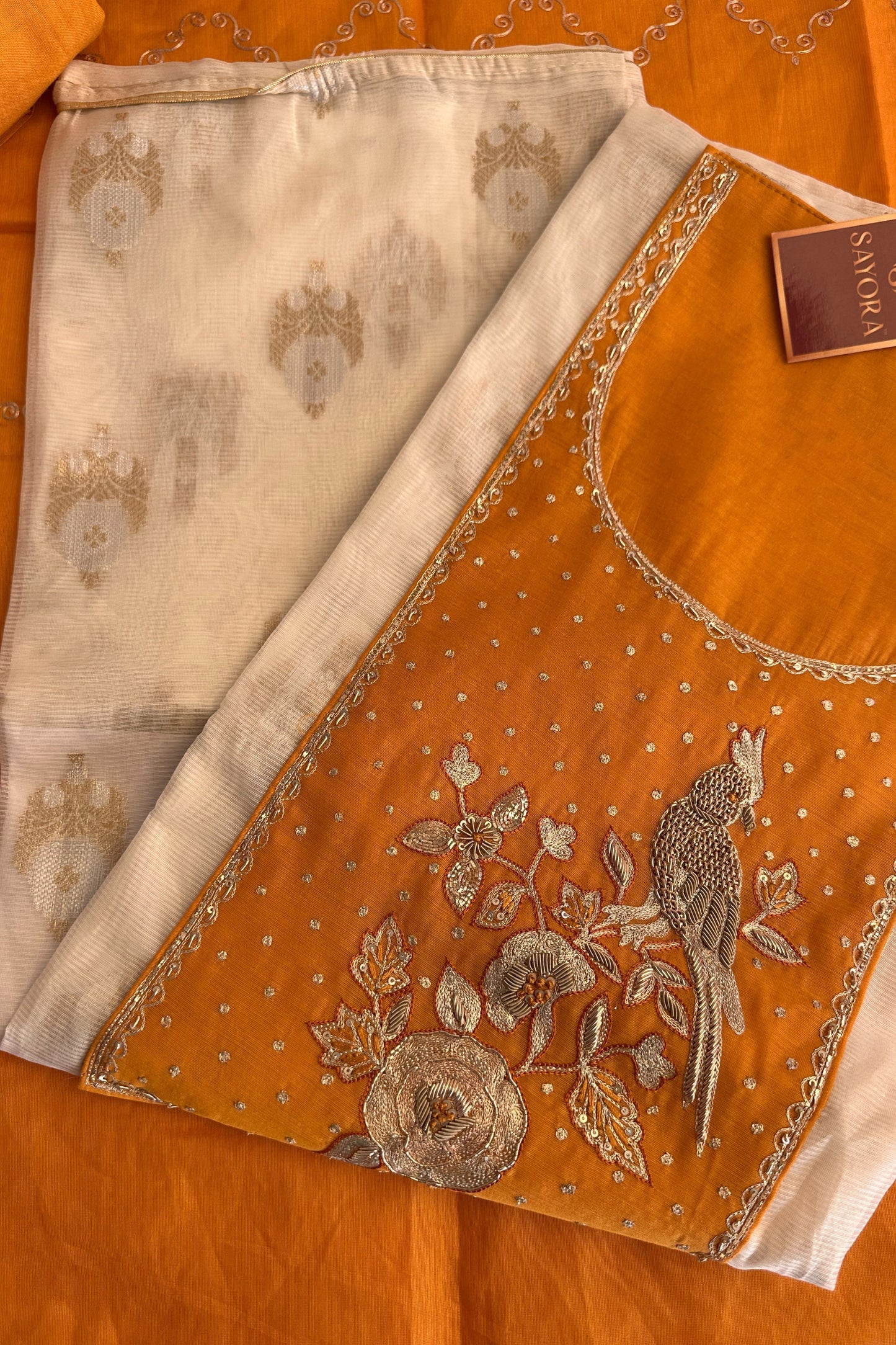 Yellow Banarasi Weaved  Zardozi Embroidered Unstitched Suit Set With Pitta Work Dupatta