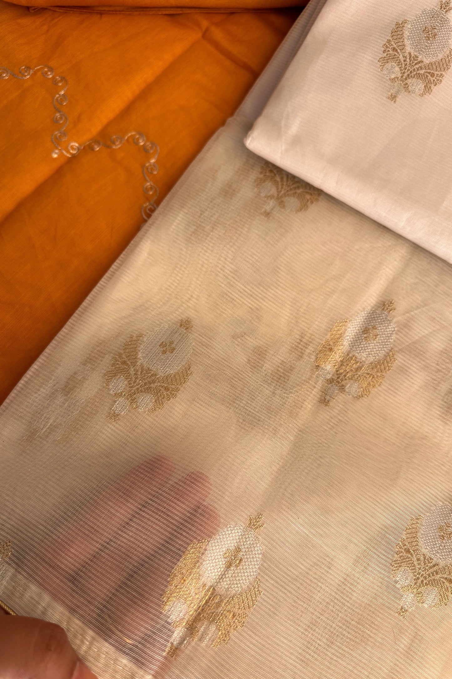 Yellow Banarasi Weaved  Zardozi Embroidered Unstitched Suit Set With Pitta Work Dupatta