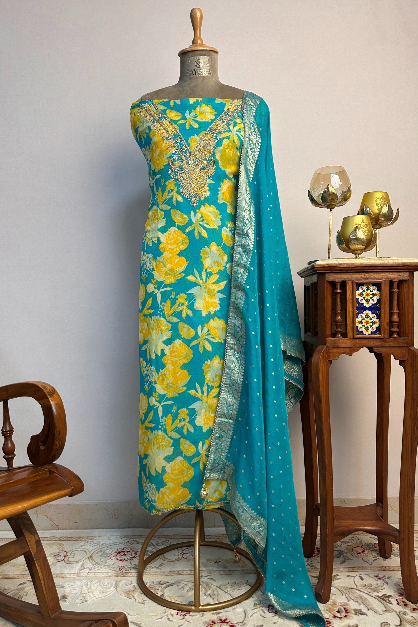 Firozi Digital Printed Chiffon Hand Embroidered Unstitched Suit Set