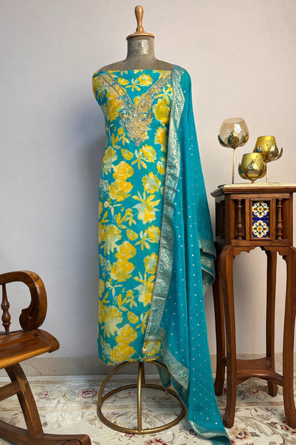 Firozi Digital Printed Chiffon Hand Embroidered Unstitched Suit Set