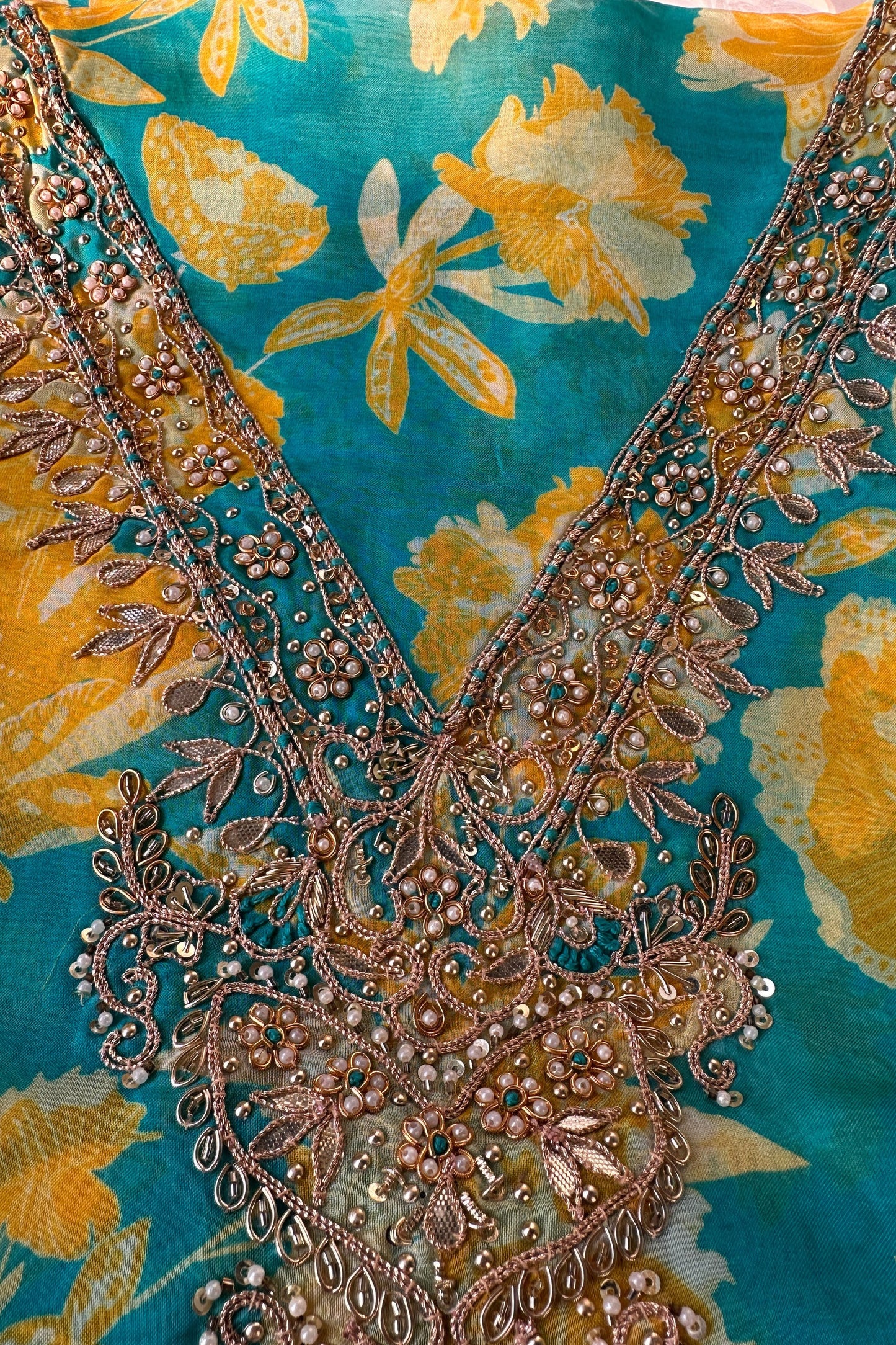 Firozi Digital Printed Chiffon Hand Embroidered Unstitched Suit Set