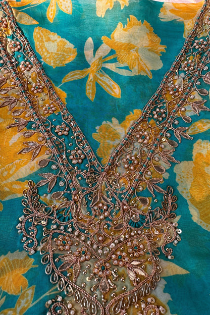 Firozi Digital Printed Chiffon Hand Embroidered Unstitched Suit Set