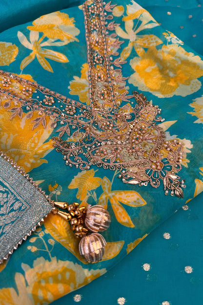 Firozi Digital Printed Chiffon Hand Embroidered Unstitched Suit Set