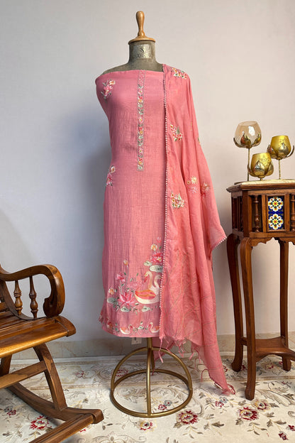 Flamingo Hand Embroidered Pink Mul Cotton Unstitched Suit Set With Multi Thead Placket Detailing
