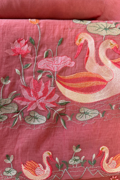 Flamingo Hand Embroidered Pink Mul Cotton Unstitched Suit Set With Multi Thead Placket Detailing